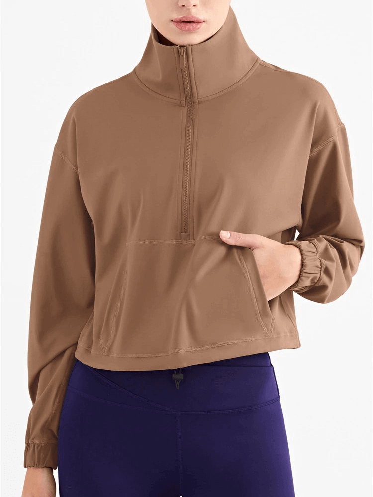 Women's workout sports sweatshirt in brown with convenient pocket and comfy fit, perfect for fitness activities.
